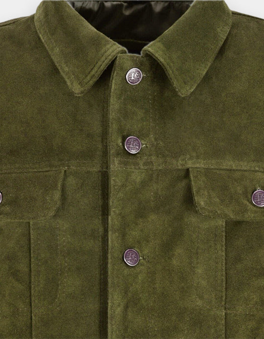 Men's Olive Green Suede Leather Shirt - Handmade Cowhide Jacket Shirt, Trucker Suede Jacket